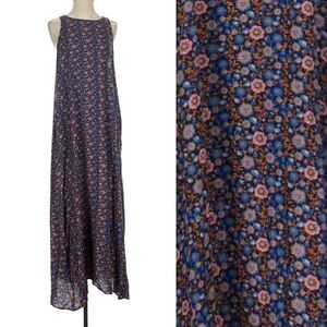 NATURAL LIFE Blue Pink Ditsy Floral Rayon Lightweight Sleeveless Boho Maxi Dress